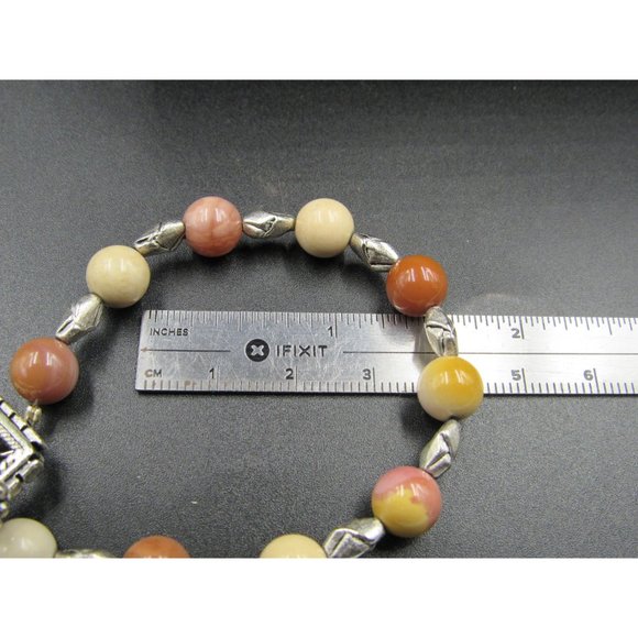 7" Silver Tone Cream Color Orb Stone Bracelet Vintage Elegant Beautiful Everyday - Picture 5 of 6